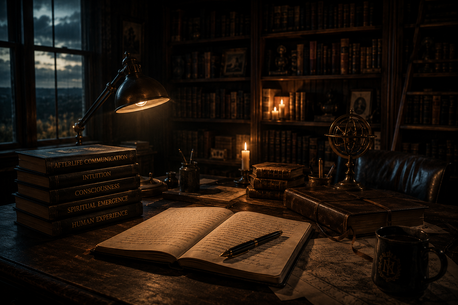 A scholarly study filled with books and candlelight