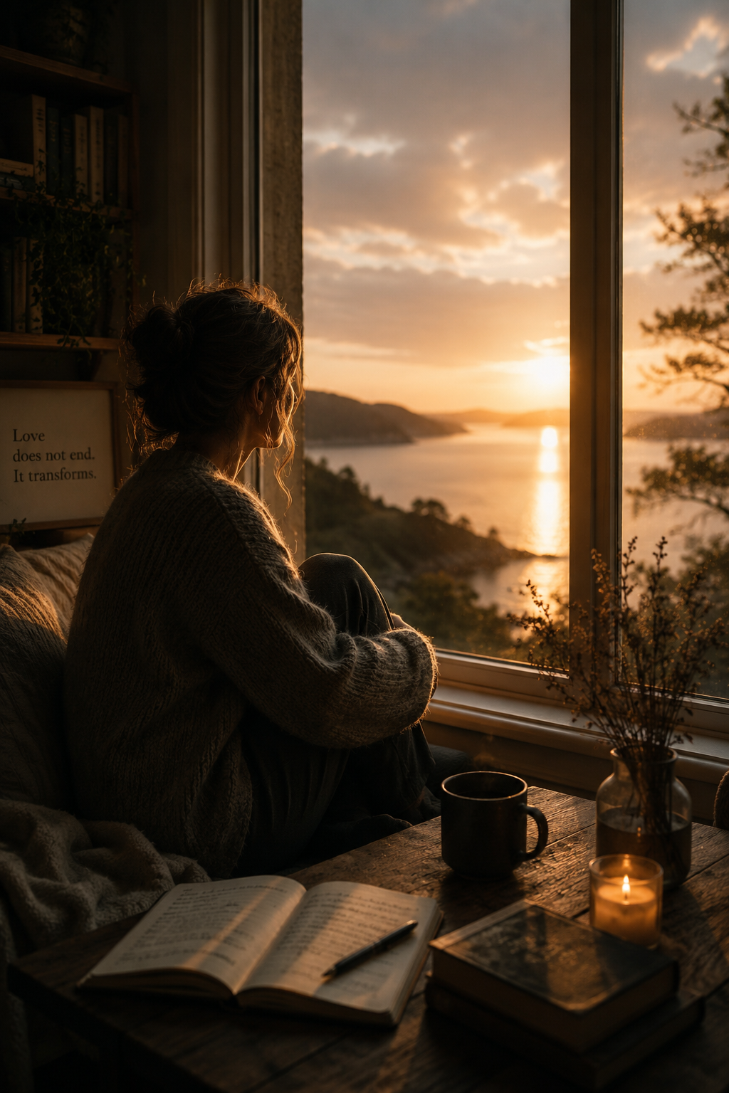 A silhouetted figure seated by a window with a book, warm golden light filling the room