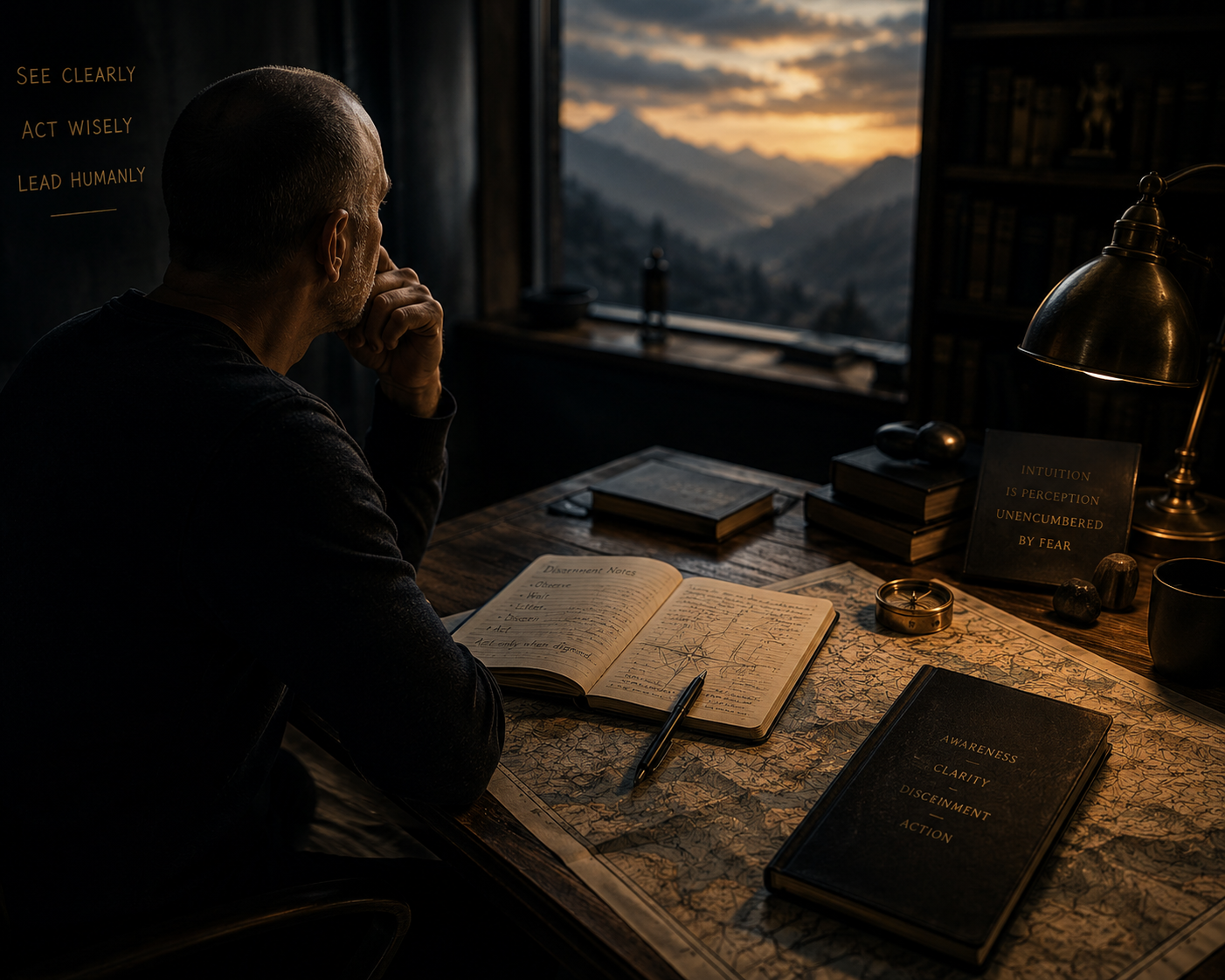 Contemplative study with maps and journals at dusk