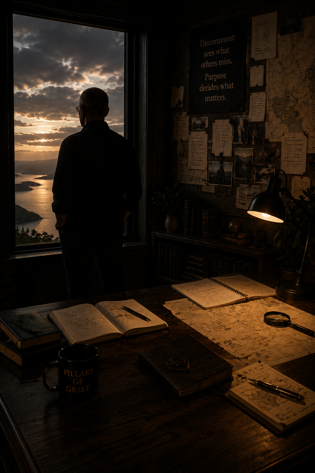 A figure at a desk overlooking a vast landscape at dusk — maps, journals, discernment