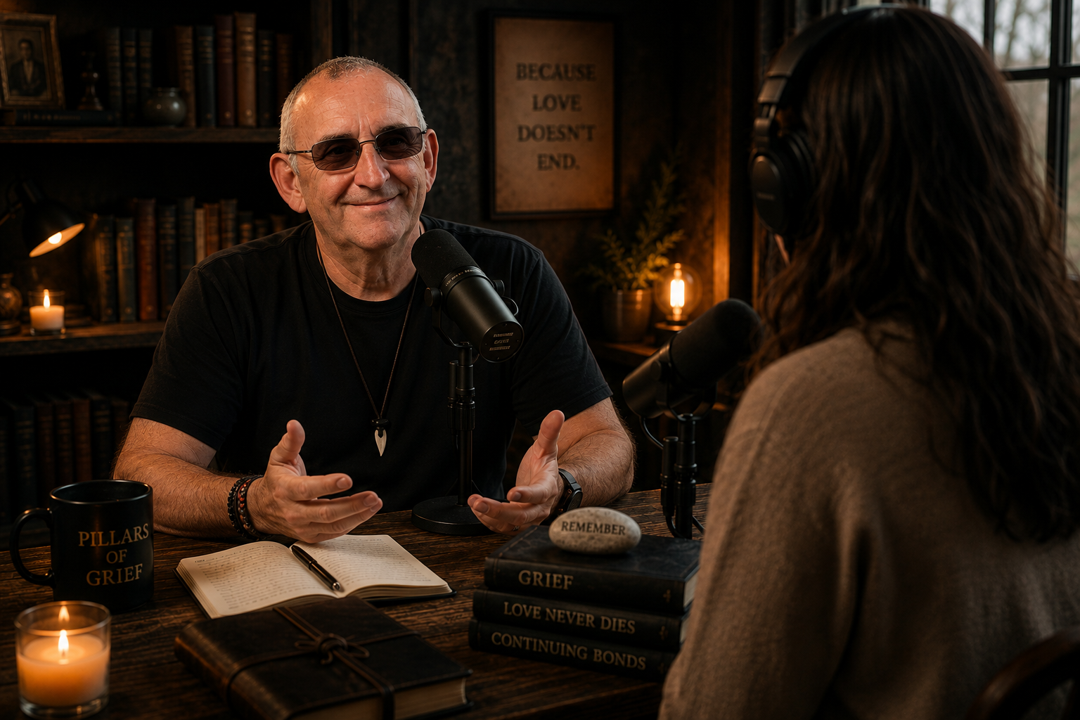Jock Brocas in conversation with a guest in the Pillars of Grief studio