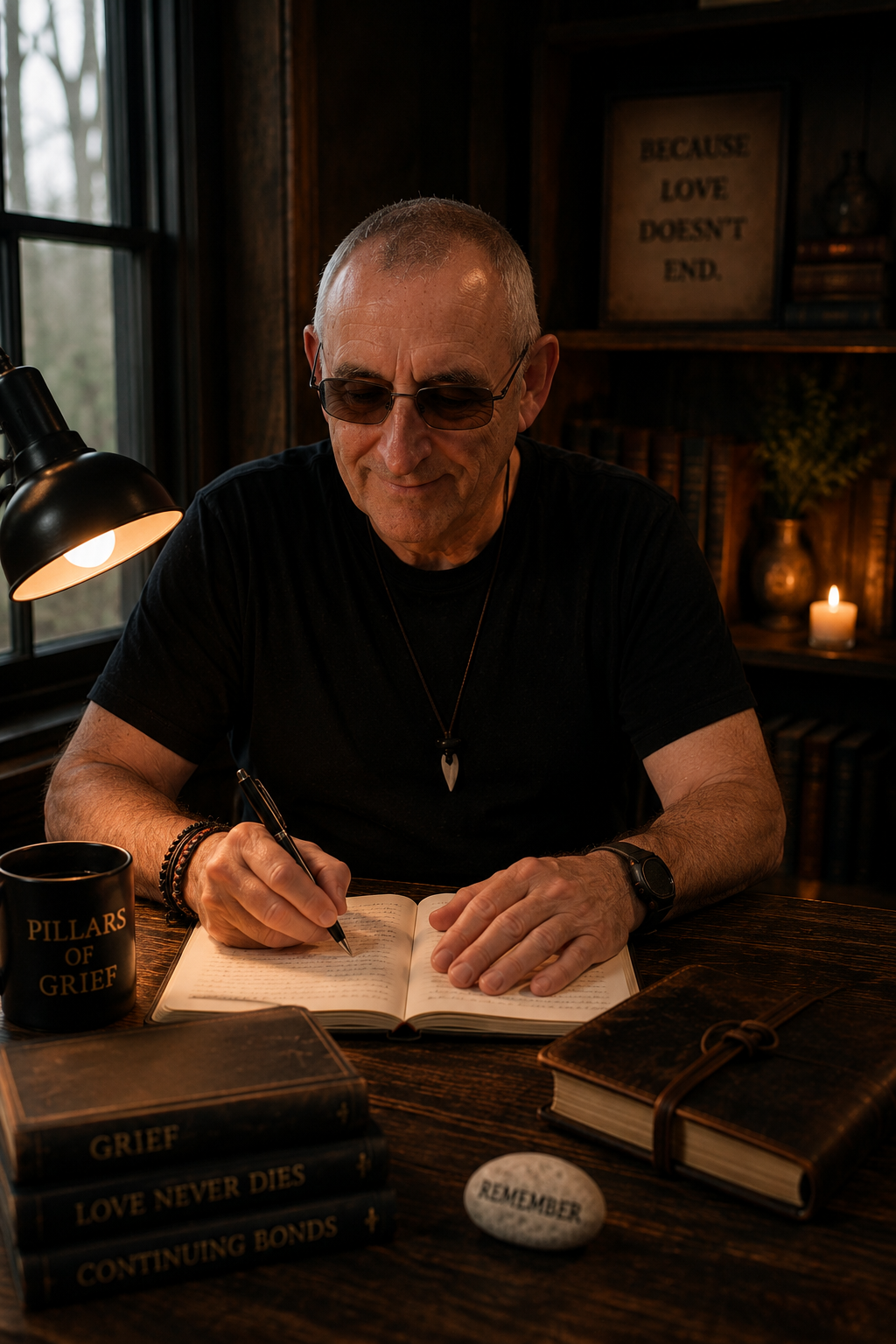 Jock Brocas writing in a journal at his desk — thoughtful, grounded, present