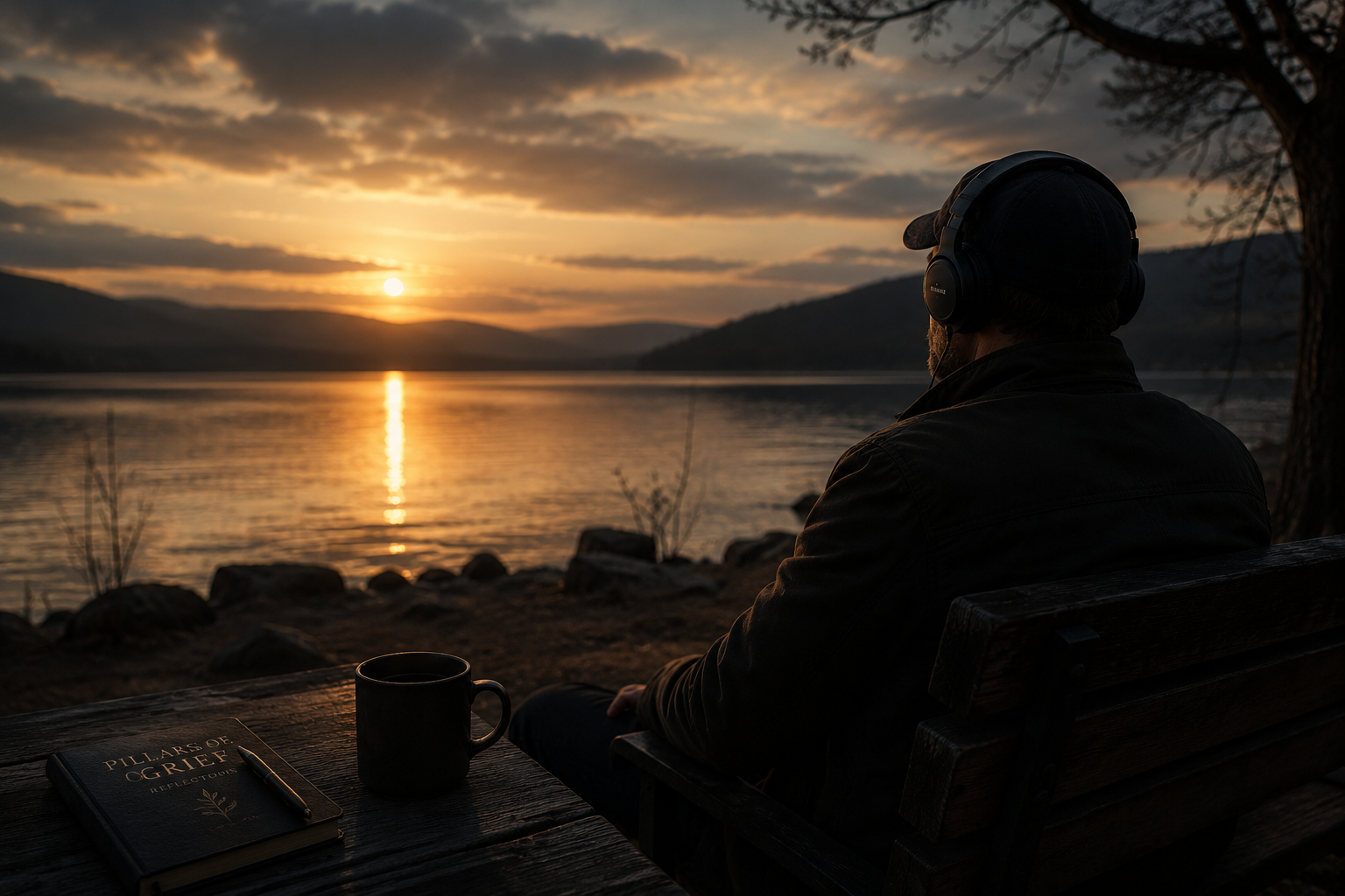 A solitary figure at dusk beside a still lake — contemplation, presence, depth