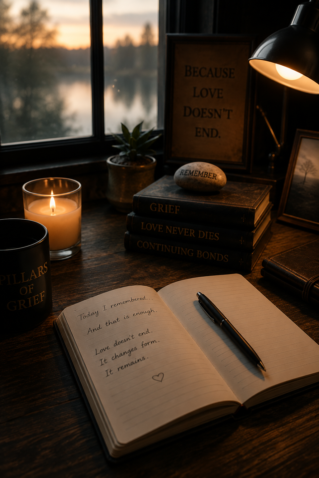 A candlelit desk with journals, books, and a lamp — the atmosphere of long-form dialogue