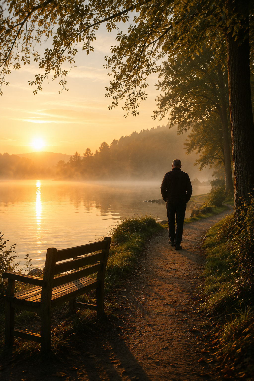 A person walking alone along a misty lakeside path at sunrise — fog, golden light, solitude