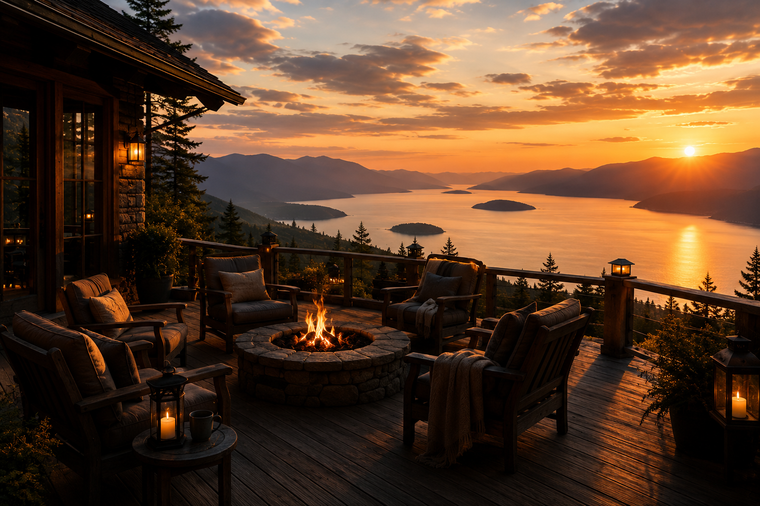 Mountain retreat terrace with fire pit overlooking a still lake at sunset