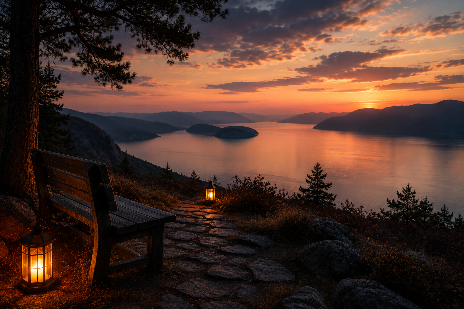 A bench and lanterns overlooking a still lake at dusk — solitude, reflection, presence